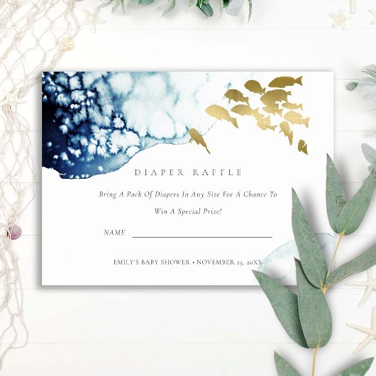 GOLD UNTERWASSER-FISH-DIAPER-RAFFLE-BABY-DUSCHE BEGLEITKARTE