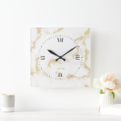 Gold Venen aus weißem Marmor Quadratische Wanduhr (Zuhause)
