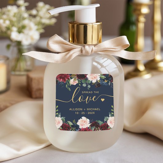 Gold verbreitet Liebe Script Burgundy Navy Floral Quadratischer Aufkleber