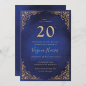 Gold Verziert Border Blue 20. Geburtstag Einladung (Vorne/Hinten)