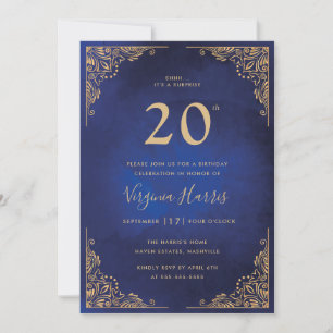 Gold Verziert Border Blue 20. Geburtstag Einladung