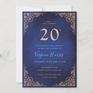 Gold Verziert Border Blue 20. Geburtstag Einladung