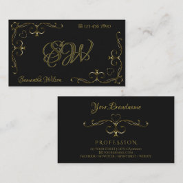 Gold Verziert Corner Borders Initials Black Visitenkarte
