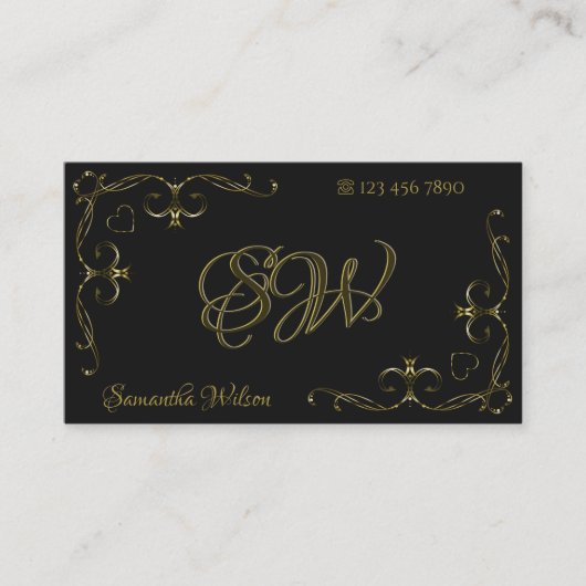 Gold Verziert Corner Borders Initials Black Visitenkarte (Vorderseite)