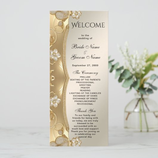 Gold Verziert Floral Wedding Program Programm (Stehend Vorderseite)