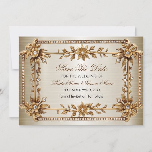 Gold Verziert Rectangle Dimond Blume Shiny Save The Date (Vorderseite)