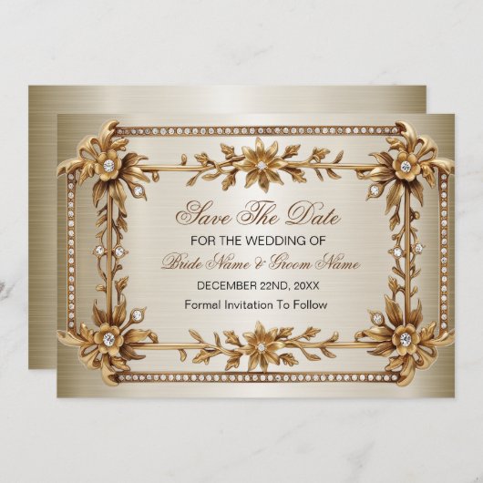 Gold Verziert Rectangle Dimond Blume Shiny Save The Date (Vorne/Hinten)