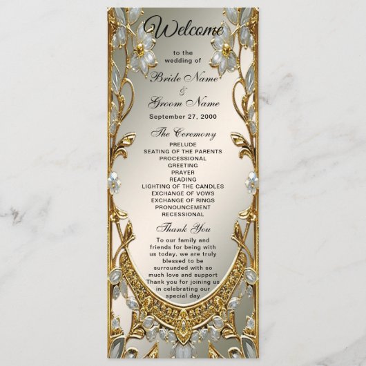 Gold Verziert White Floral Wedding Program Programm (Vorderseite)