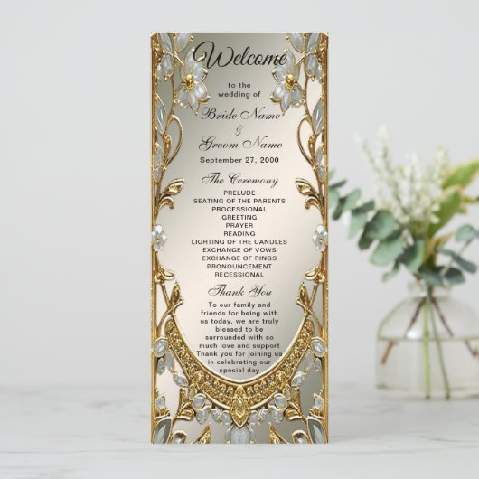 Gold Verziert White Floral Wedding Program Programm (Stehend Vorderseite)