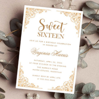 Gold Verzierte Grenze Weißer 16 . Geburtstag 16 Ge Einladung