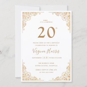 Gold Verzierte Grenze Weißer 20. Geburtstag Einladung