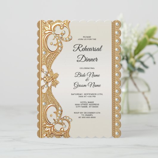 Gold Verzierte Perlen Probe Abendessen Einladung (Stehend Vorderseite)