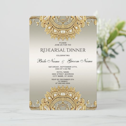 Gold Verzierte Probe Dinner Einladung (Stehend Vorderseite)