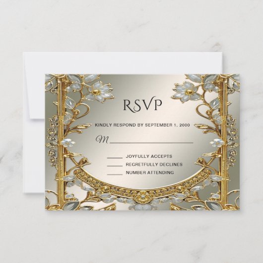 Gold Verzierte weiße Blütenkarte RSVP Karte (Vorderseite)