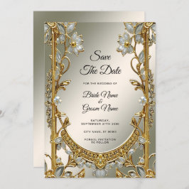 Gold Verzierte Weiße Flora Save the Date