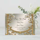 Gold Verzierte Weiße Flora Save the Date (Stehend Vorderseite)