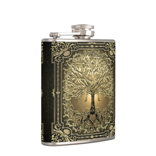 Gold Verzierter Baum Alte Rustikale Flasche Flachmann (Rechts)