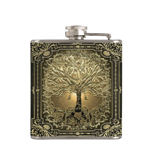 Gold Verzierter Baum Alte Rustikale Flasche Flachmann (Rückseite)