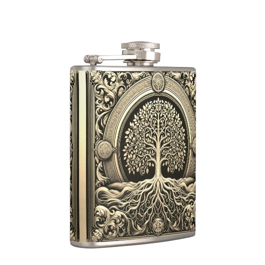 Gold Verzierter Baum Altes Rustikales Flachmann (Rechts)