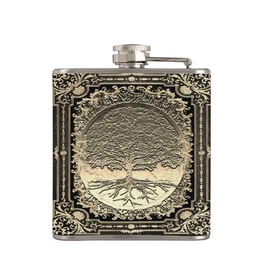 Gold Verzierter Baum des alten Rustikums Flachmann (Rückseite)