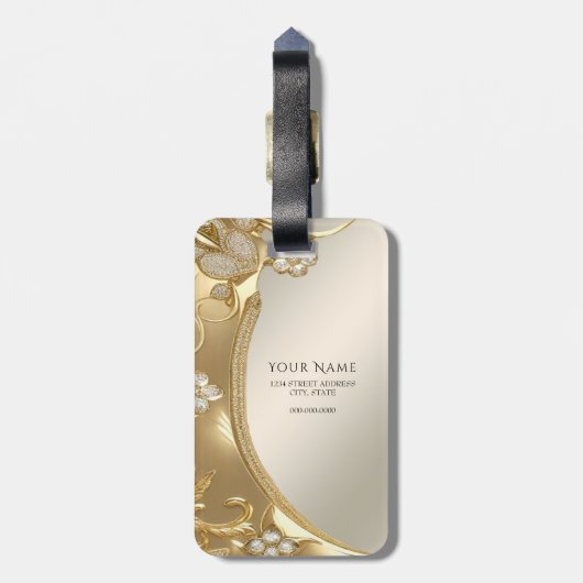Gold Verzierter Blumenkoffer Gepäckanhänger (Rückseite vertikal)