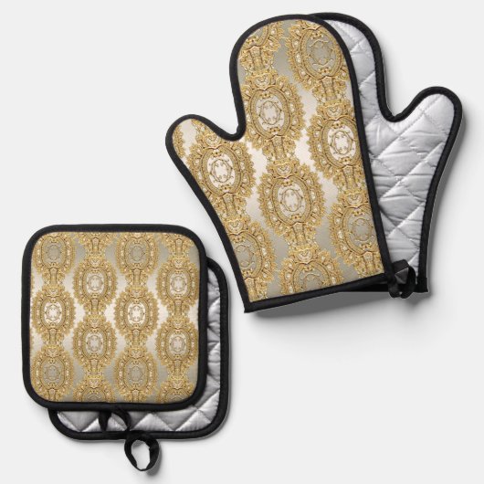Gold Verziertes Oven Mitt & Pot Holder Set (Vorderseite/Rückseite)