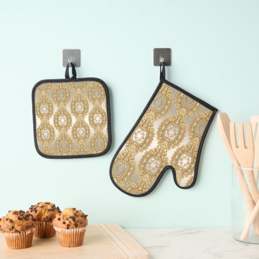 Gold Verziertes Oven Mitt & Pot Holder Set (Insitu (Hängend))