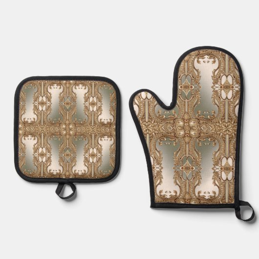 Gold Verziertes Oven Mitt & Pot Holder Set (Vorderseite)