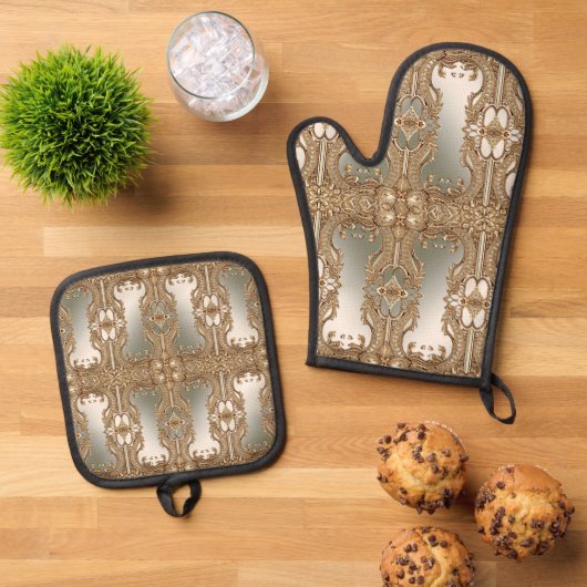 Gold Verziertes Oven Mitt & Pot Holder Set (Oben Unten)