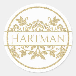 Gold Vine Floral Damask Emblem Weiß Runder Aufkleber