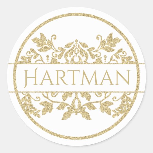 Gold Vine Floral Damask Emblem Weiß Runder Aufkleber (Vorderseite)
