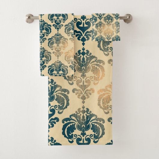 Gold & Vintag Blau Rustikale Moderne Glam Damask Badhandtuch Set (Insitu)