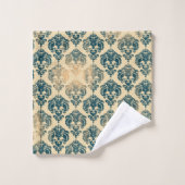 Gold & Vintag Blau Rustikale Moderne Glam Damask Badhandtuch Set (Waschlappen)