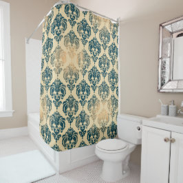 Gold & Vintag Blau Rustikale Moderne Glam Damask Duschvorhang