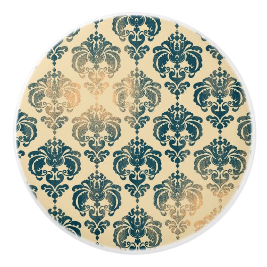 Gold & Vintag Blau Rustikale Moderne Glam Damask Keramikknauf (Vorderseite)