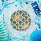 Gold & Vintag Blau Rustikale Moderne Glam Damask Pappteller (Party)