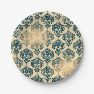 Gold & Vintag Blau Rustikale Moderne Glam Damask Pappteller