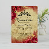 Gold Vintag Butterfly Red Floral Quinceanera Folieneinladung (Stehend vorne)