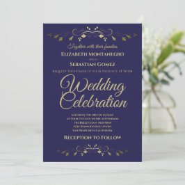 Gold Vintage Blüh auf Navy Blue Simple Wedding Einladung