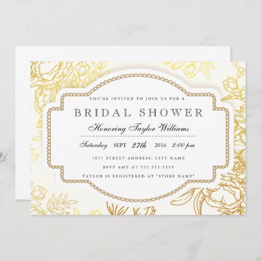 Gold Vintage Blumendusche Einladung (Vorne/Hinten)