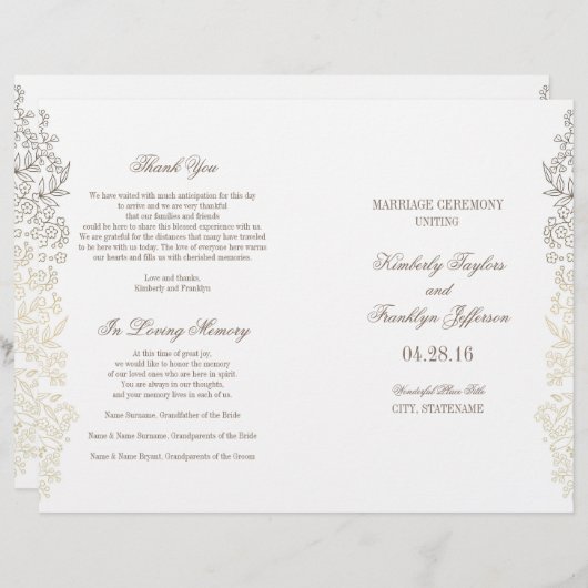 Gold Vintage blumenreiche Hochzeitsprogramme (Vorne/Hinten)