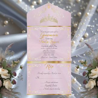 Gold Vintage Border Quinceanera - Pastellrosa All In One Einladung
