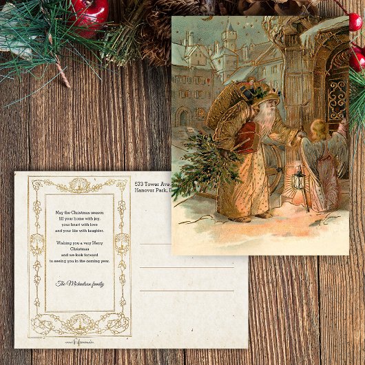Gold Vintage Father Christmas und Angel Postkarte