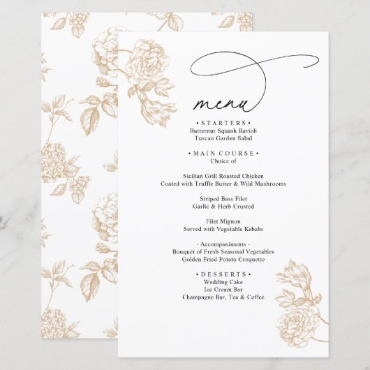 Gold Vintage Floral Modern Script Wedding Menu (Vorne/Hinten)