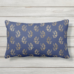 Gold Vintage Meerjungfrau Muster Navy Blau Outdoor Kissen Für Draußen