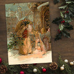 Gold Vintager Vater Weihnachten und Engel<br><div class="desc">Alte Welt Vater Weihnachten in stark dekorierten goldenen Gewänder mit Geschenken und Baum mit Flügelengel. Schöne ergänzende Grafik auf der Rückseite mit bearbeitbaren Textfeldern.</div>