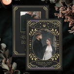 Gold Vintages Tarot Gothic Wedding Foto Dankeskarte<br><div class="desc">Sag 'Danke' mit einer Touch dunkler Magie! Diese gotischen, witzigen Hochzeitskarten sind mit Vintagen Tarot-Karten inspiriert, mit strahlenden Golddetails, einem Foto des Paares und einem schwarzen Hintergrund. Ideal, um Ihre Dankbarkeit im Stil zu teilen. Bestellen & lass Ihrer Liebe Geschichte verzaubern alle! Bitte beachten Sie, dass das Gold auf der...</div>