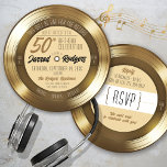 Gold Vinyl Record Retro Music 50. Geburtstagsparty Einladung<br><div class="desc">Dieses einzigartige und lustige Black and Gold Vinyl Record Retro Music Thema rund um die 50. Geburtstagsfeier mit einprägsamem Songtitel Zitat "This Will Be For The Record" und lustigen Typografie Details, verfügt über eine doppelseitige solide goldene Schallplattenvibe ("Side A / Side B"), mit Einladungsdetails vorne und UAWG Details auf der...</div>