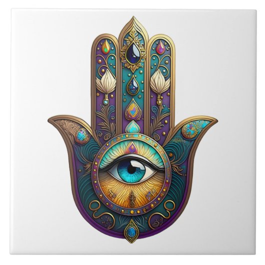 Gold Violet Teal Hamsa w/ Turquoise Third Eye Fliese (Vorderseite)