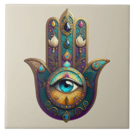 Gold Violet Teal Hamsa w/ Turquoise Third Eye Fliese